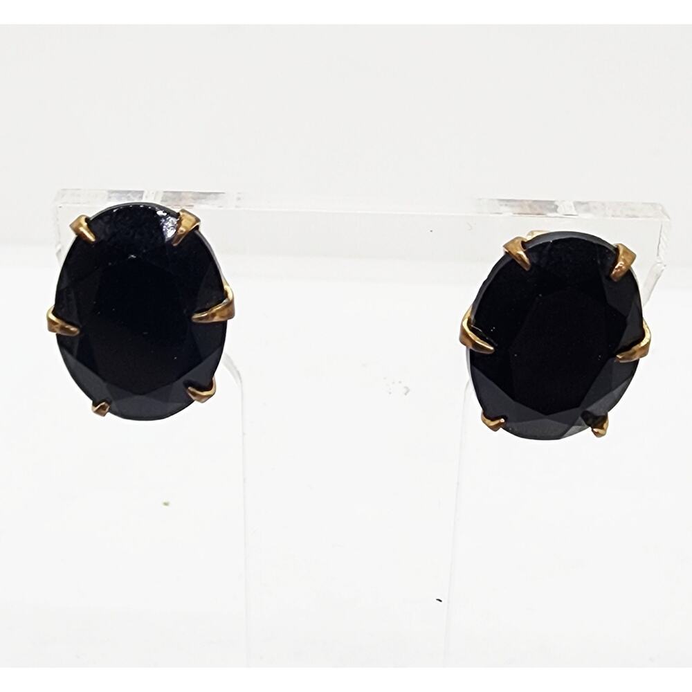 Vintage Big Black Oval Earrings Faceted Glass Stone Gold Tone Clip On 1950s - Picture 1 of 8